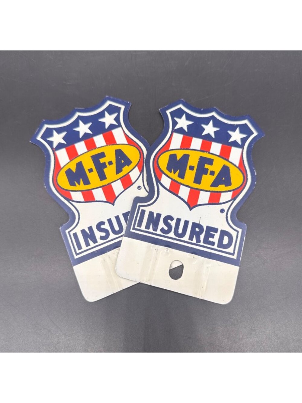 Vintage MFA Insurance License Plate Toppers Metal Agriculture Advertising Shield